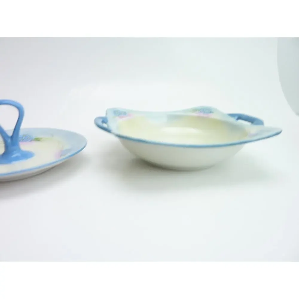 Vintage Made in Japan Blue Forget Me Not Covered Candy Dish Bowl Lidded Handle